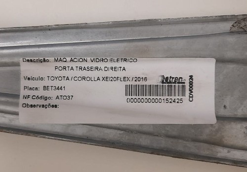 Máquina De Vidro T.d. Toyota Corolla 2016