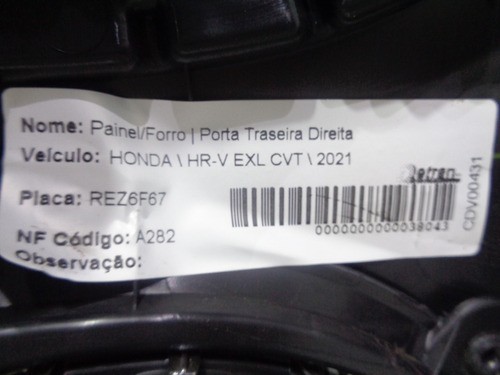 Forro De Porta Traseira Direita Honda Hrv 2021