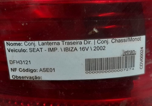 Lanterna Traseira Direita Seat Ibiza 2002