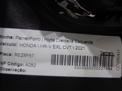 Forro De Porta Dianteira Esquerda Honda Hrv 2021