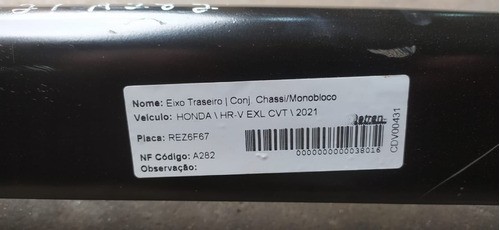 Eixo Traseiro Honda Hrv 2021 Com 11000km