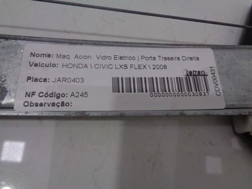 Maquina De Vidro Traseira Direita Honda Civic Lxs 2008