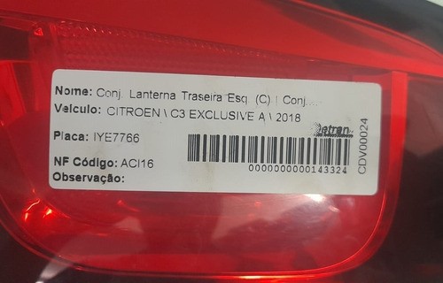 Lanterna Traseira Esq Tampa Citroen C3 2018 - 9695225580