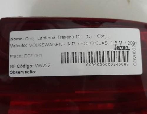 Lanterna Traseira Direita Vw Polo 1999