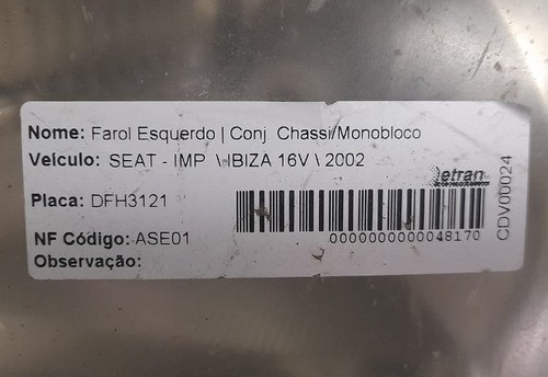 Farol Esquerdo Seat Ibiza 16v 2002