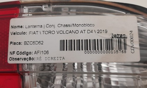 Lanterna Traseira Ré Direita Fiat Toro Volcano 2019 27470202