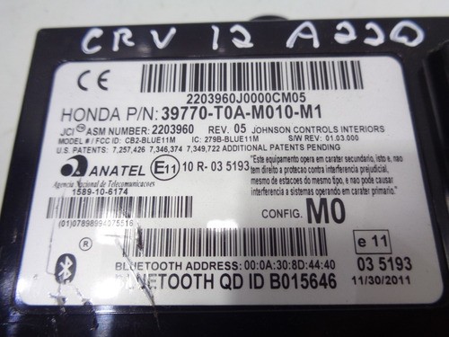 Módulo Central Bluetooth Honda Crv Exl 2012 39770-t0a-m010m1