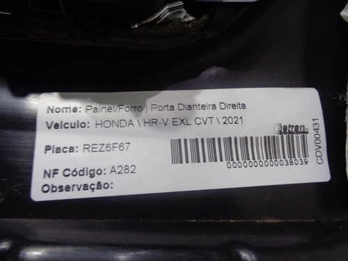 Forro De Porta Dianteira Direita Honda Hrv 2021