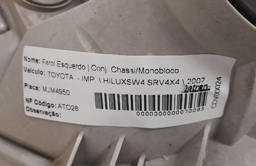 Farol Esquerdo Toyota Hilux Sw4 Srv 2007 - C/ Detalhe