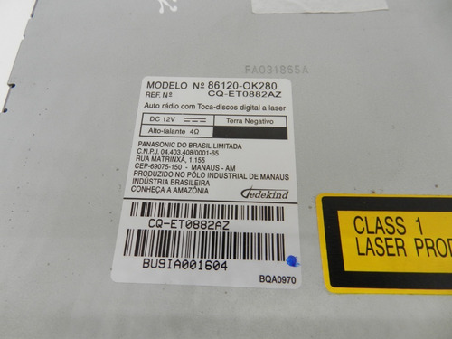 Rádio Panasonic Mp3 Cd Am/fm Hilux Rav4 Sw4 05/15 861200k280