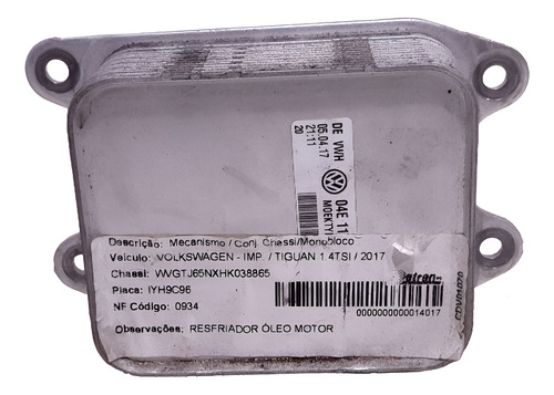 Resfriador Trocador Calor Óleo Motor Tiguan Tsi 2017 1.6
