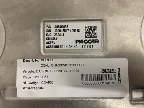 Módulo Controle Paccar Xf Ftt 530 2024 - A054g093 2119174