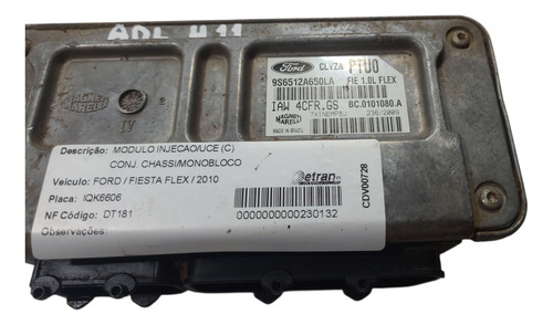Módulo Injeção Ford Fiesta 1.0 Flex 2010 (al) 9s6512a650la